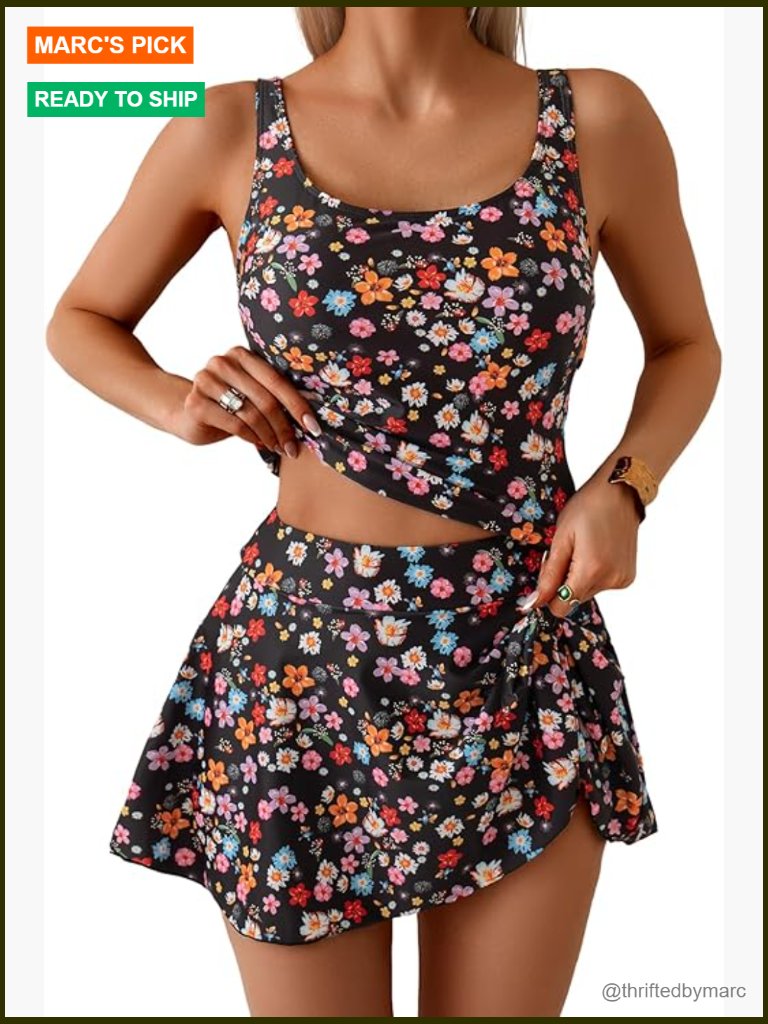 Tummy Control Tankini Swimsuit High Waisted Skirt Two Piece